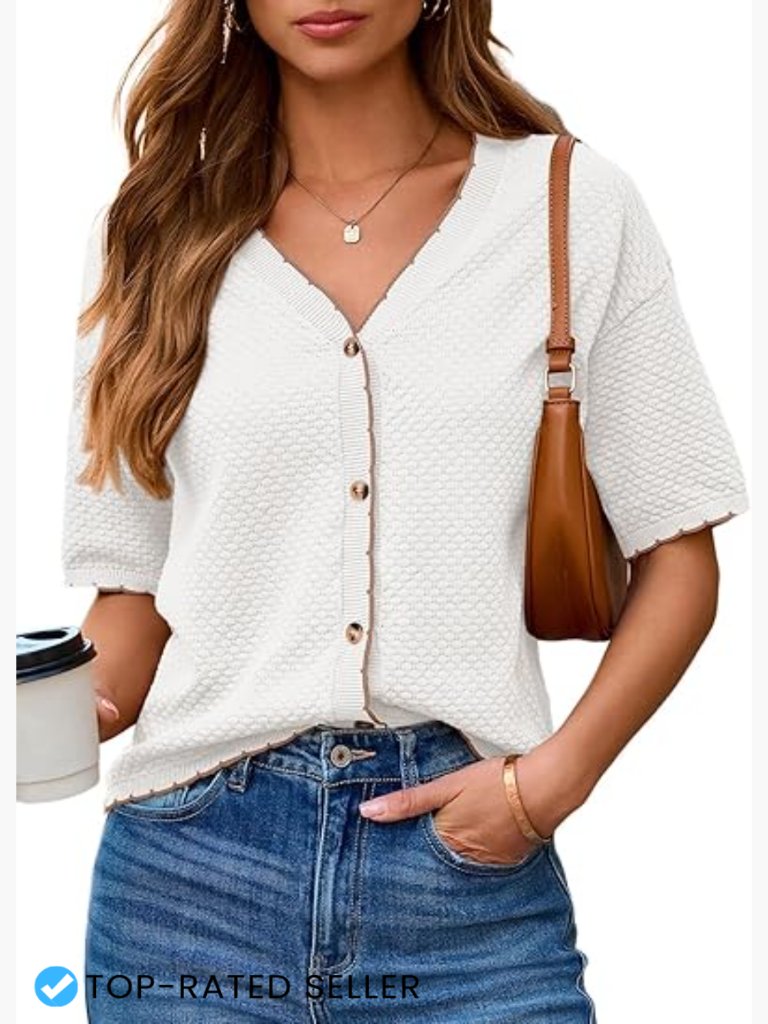 Textured Button Down Shirt Casual V Neck Short Sleeve Summer Blouse Top Chic